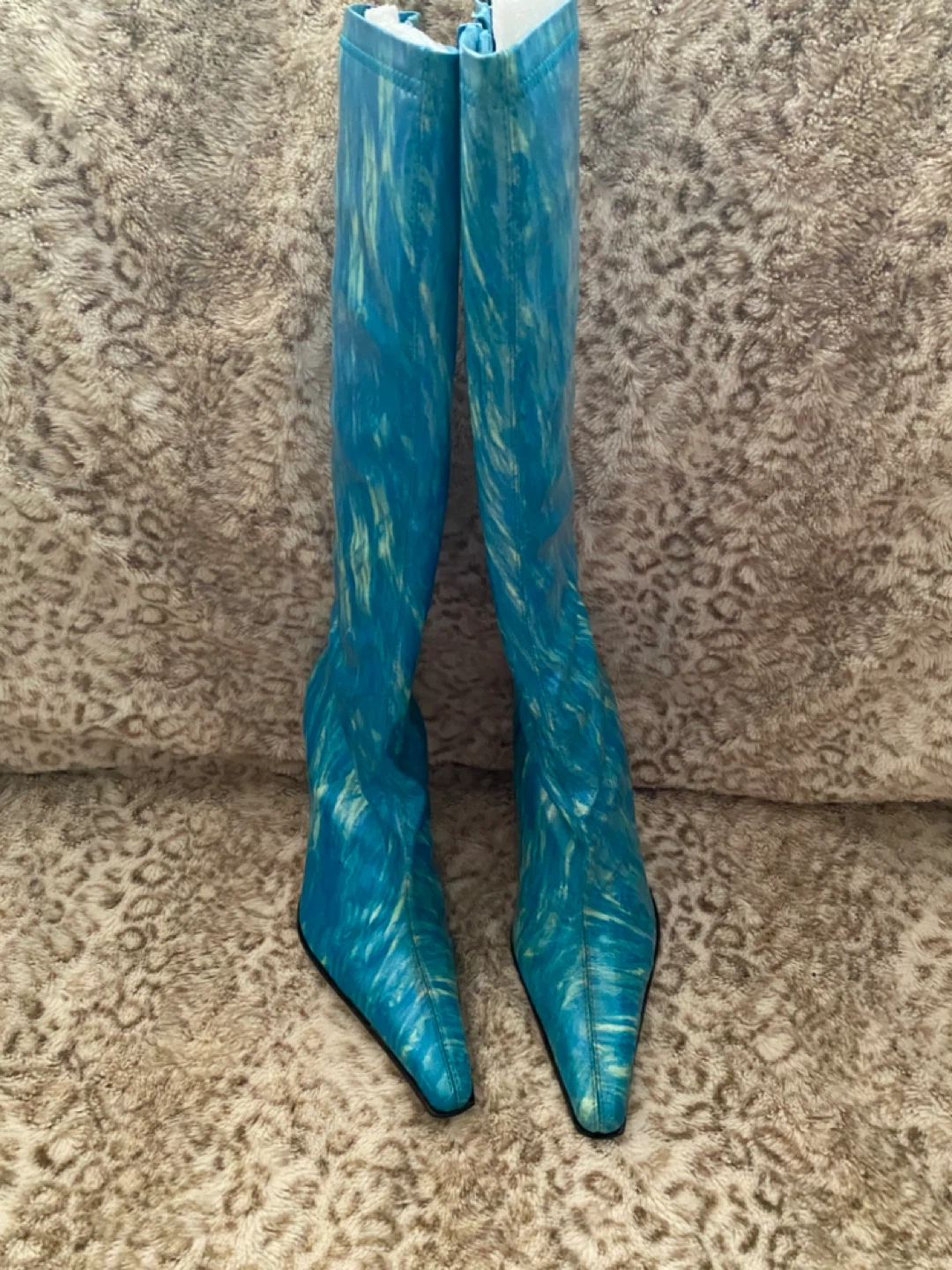 Vintage Blue and Yellow Swirl Knee-High Heel Boots