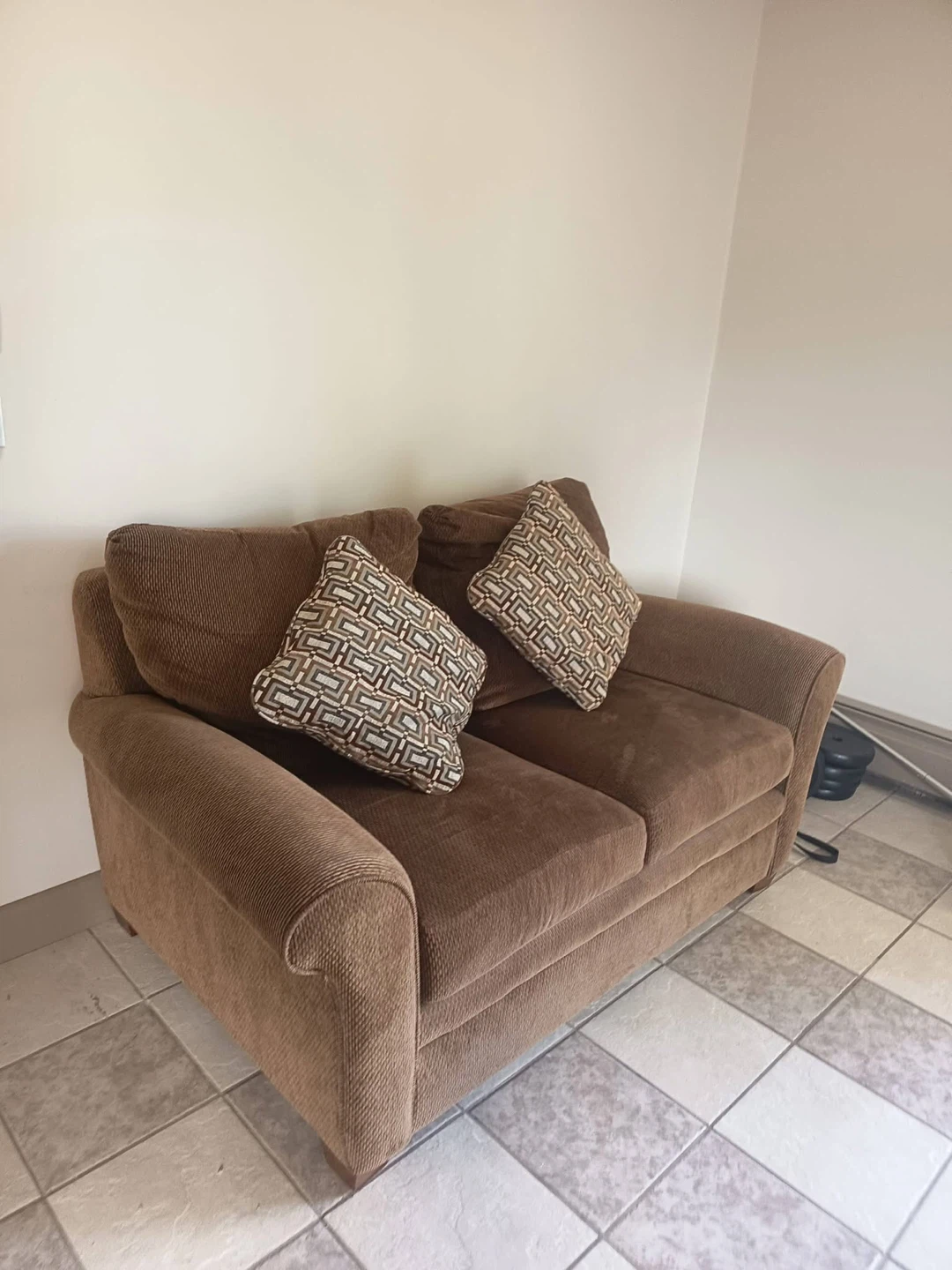 Brown Fabric Sofa with Accent Pillows