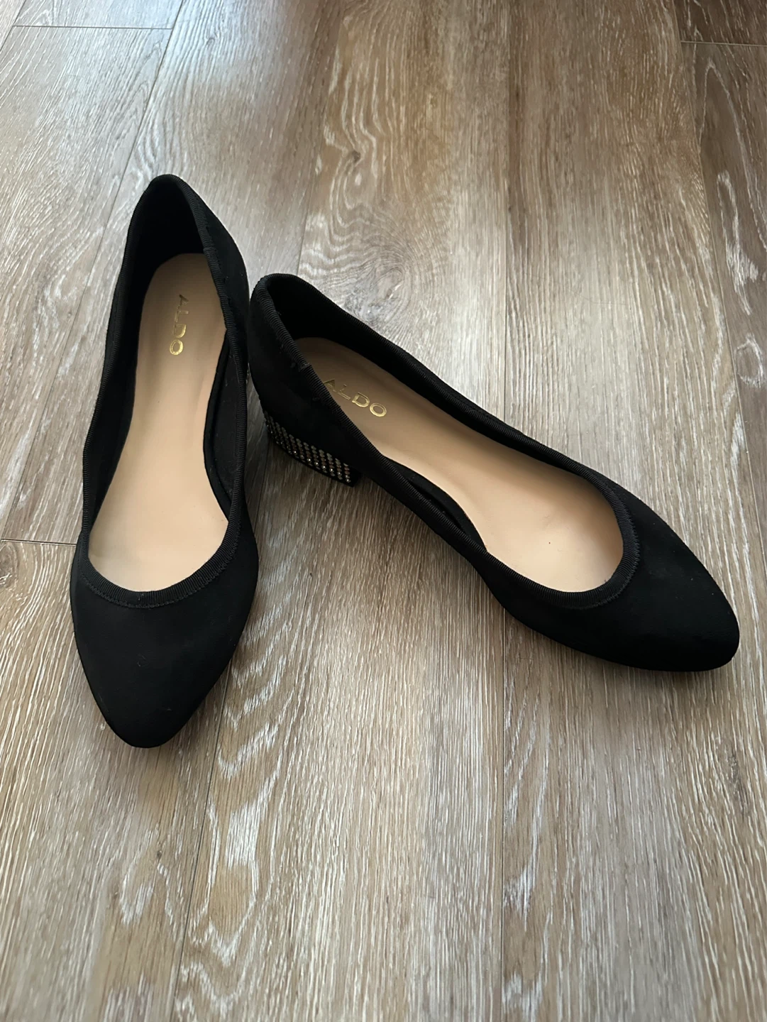 NEW ALDO Black faux Suede Ballet Flats with Studded Heels