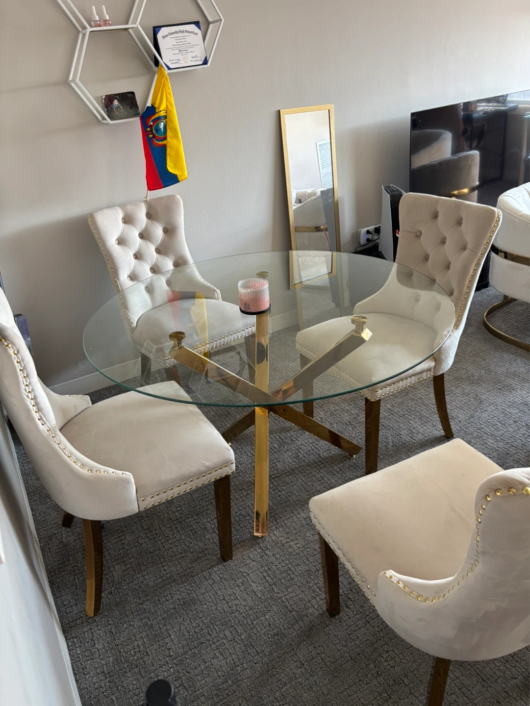 Round Glass Dining Table with Gold Base