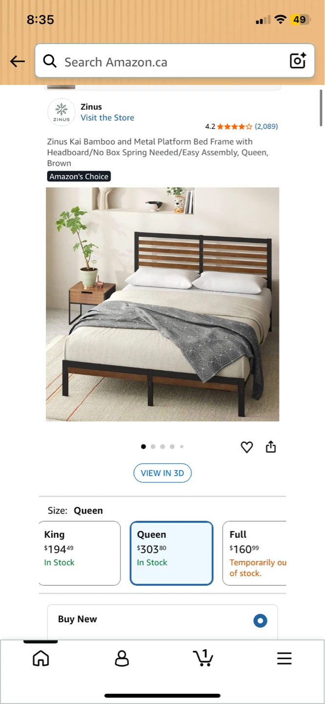 Metal Platform Bed Frame with Headboard - Queen, Brown