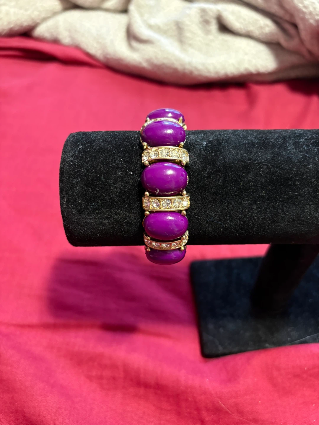 Purple Beaded Stretch Bracelet with Rhinestones