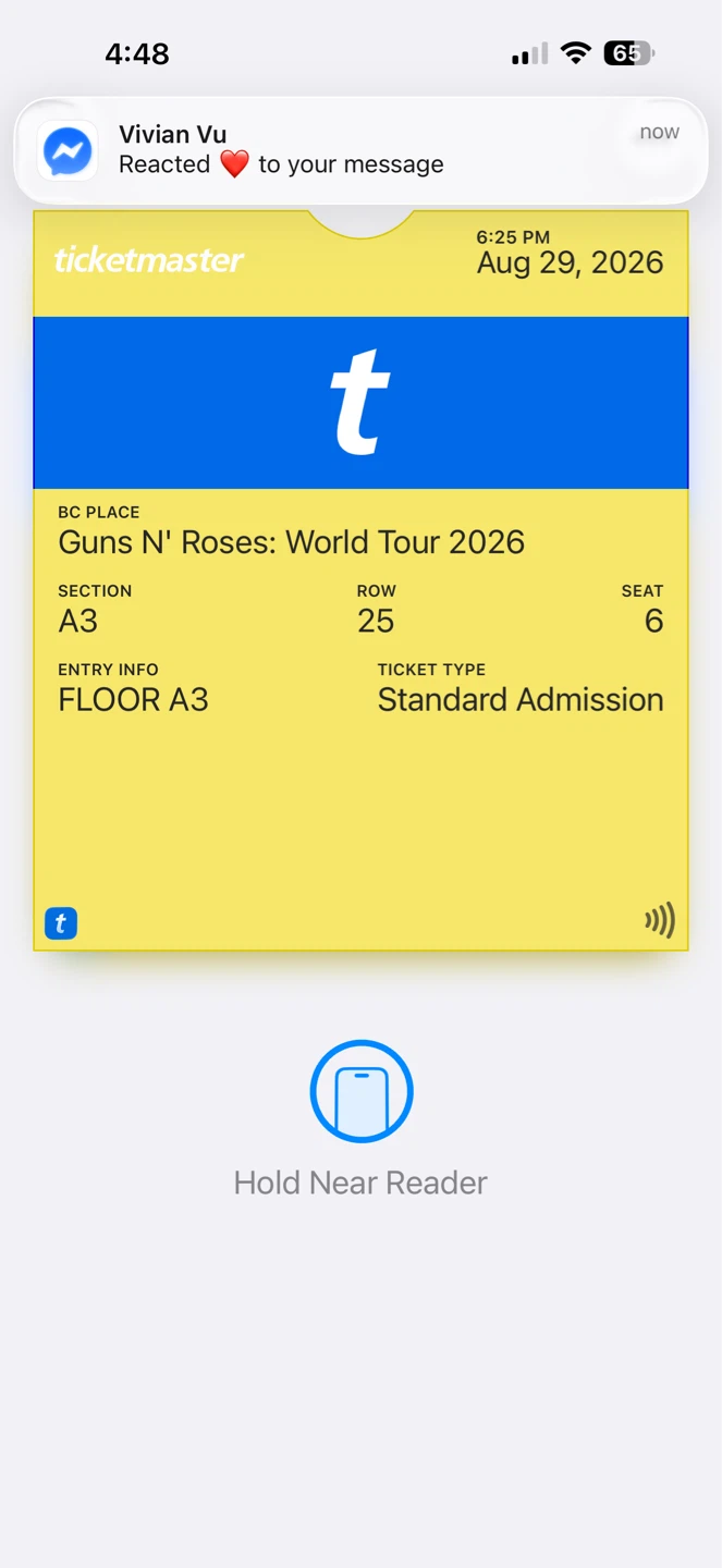 Guns N' Roses World Tour 2026 Ticket - Floor A3, Seat 6