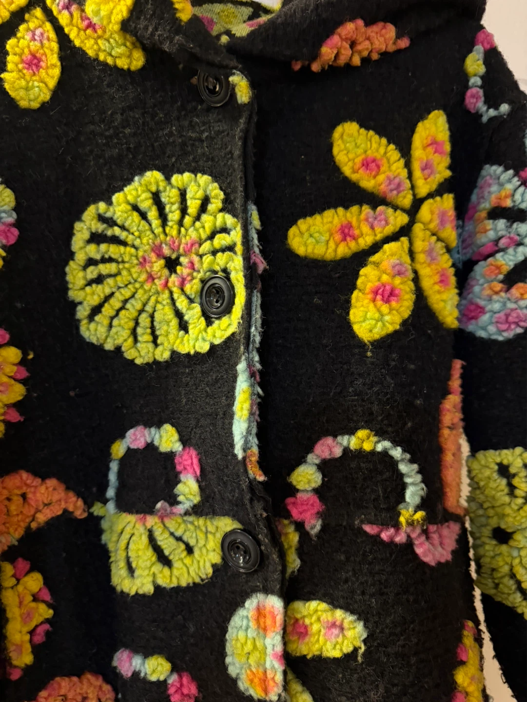 Black Hooded Coat with Floral Appliqué - photo 2