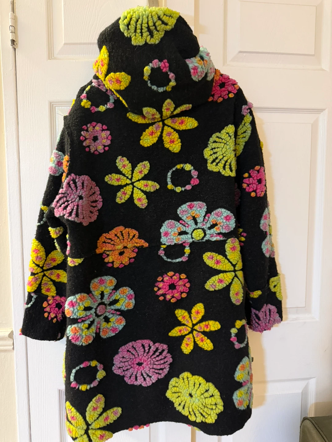 Black Hooded Coat with Floral Appliqué - photo 5