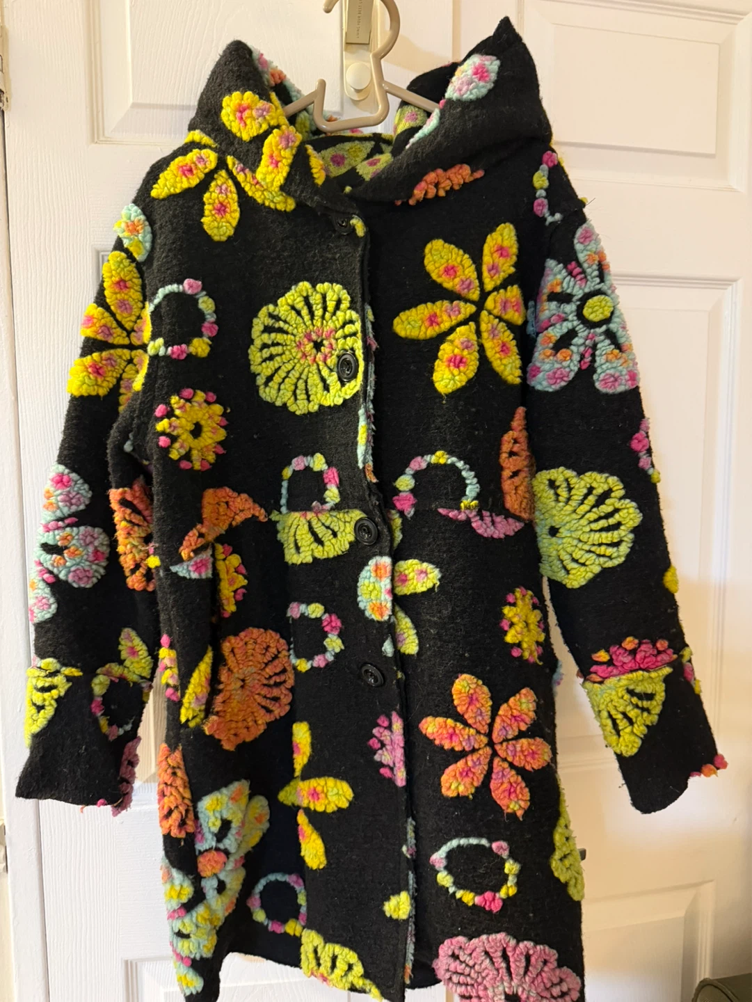 Black Hooded Coat with Floral Appliqué
