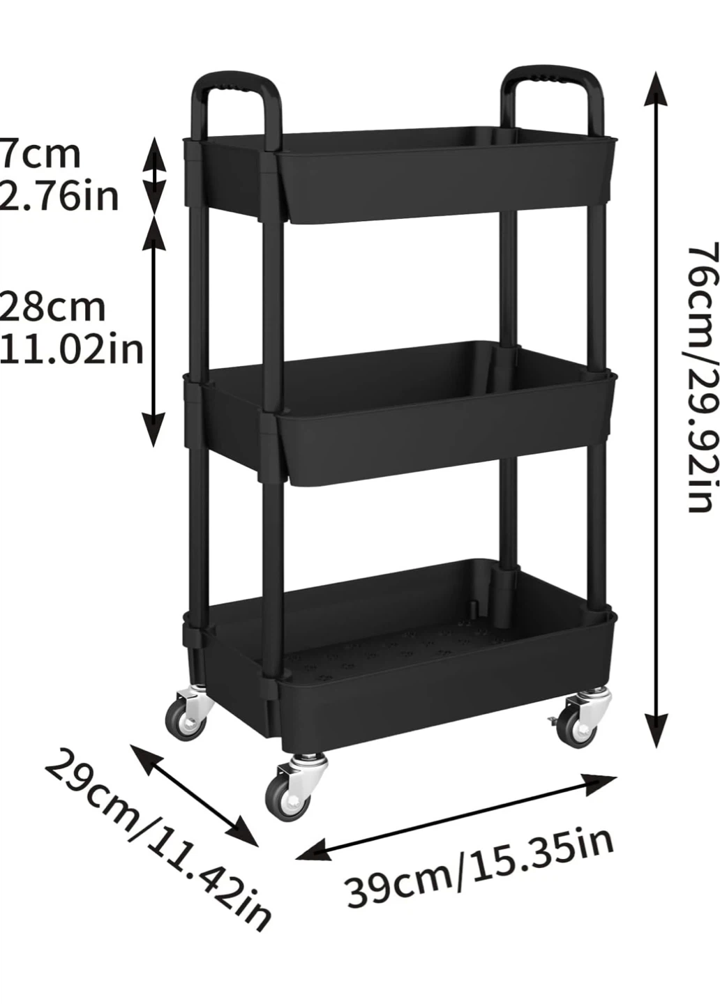 Black 3-Tier Rolling Storage Cart with Wheels - photo 2
