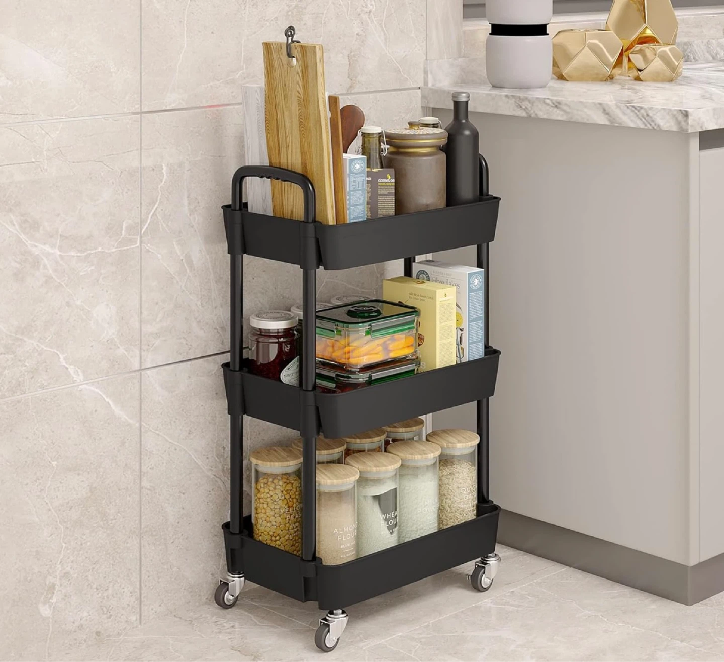 Black 3-Tier Rolling Storage Cart with Wheels - photo 3