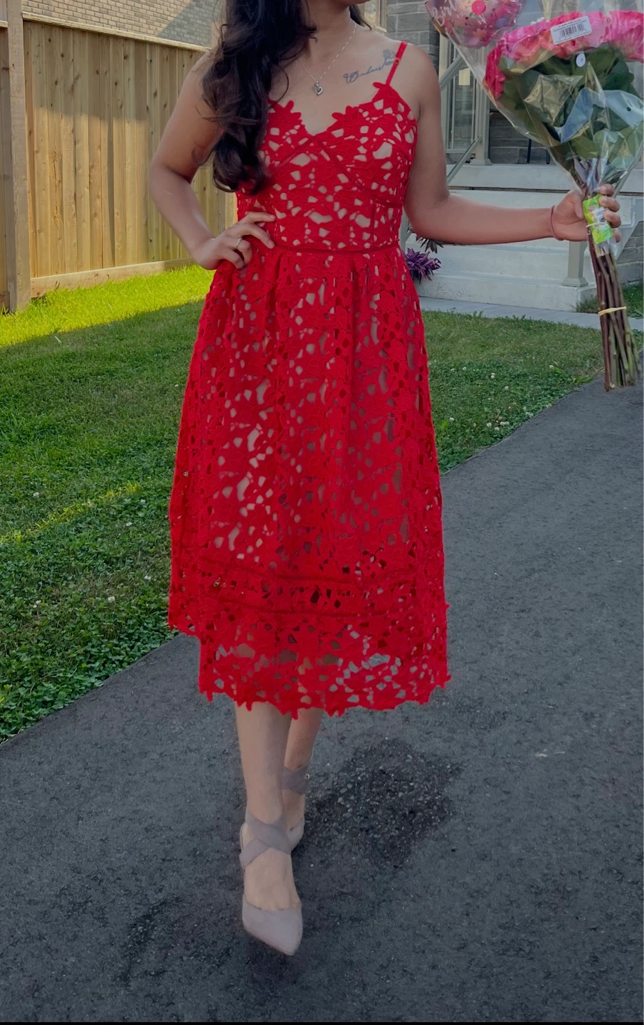 Red Lace Midi Dress