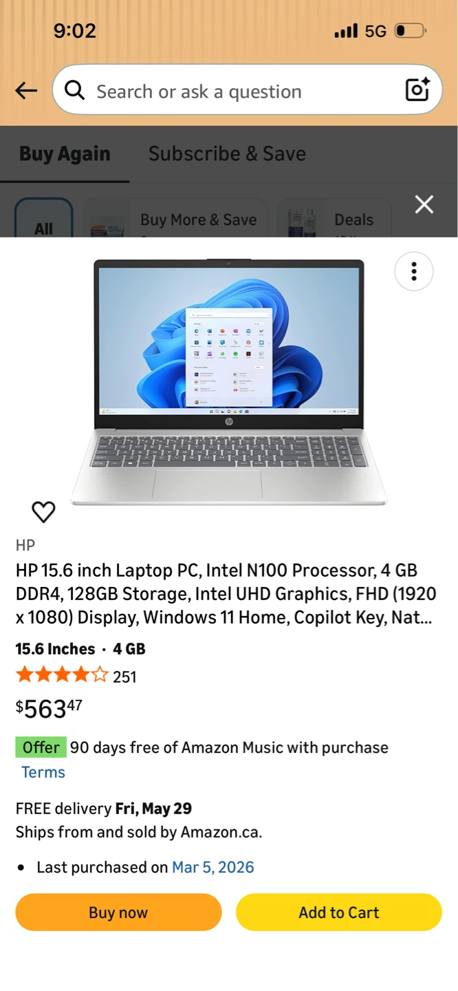 HP 15.6 inch Laptop PC Intel N100 4GB RAM 128GB Storage