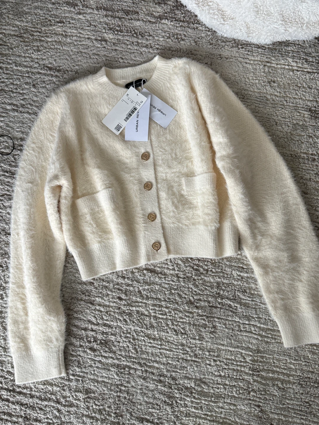Urban Revivo Cream Fuzzy Cropped Cardigan Sweater Size M - photo 2