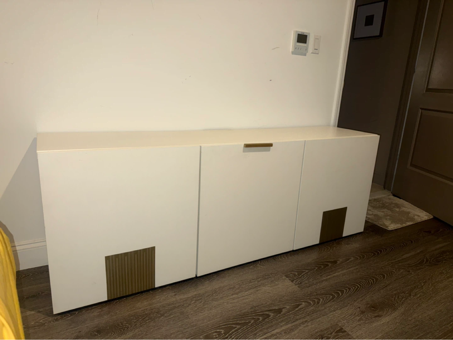 White 3-Door Storage Cabinet with Gold Accents