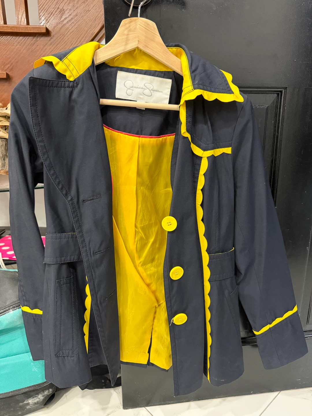 Jessica Simpson Navy and Yellow Scalloped Trench Coat