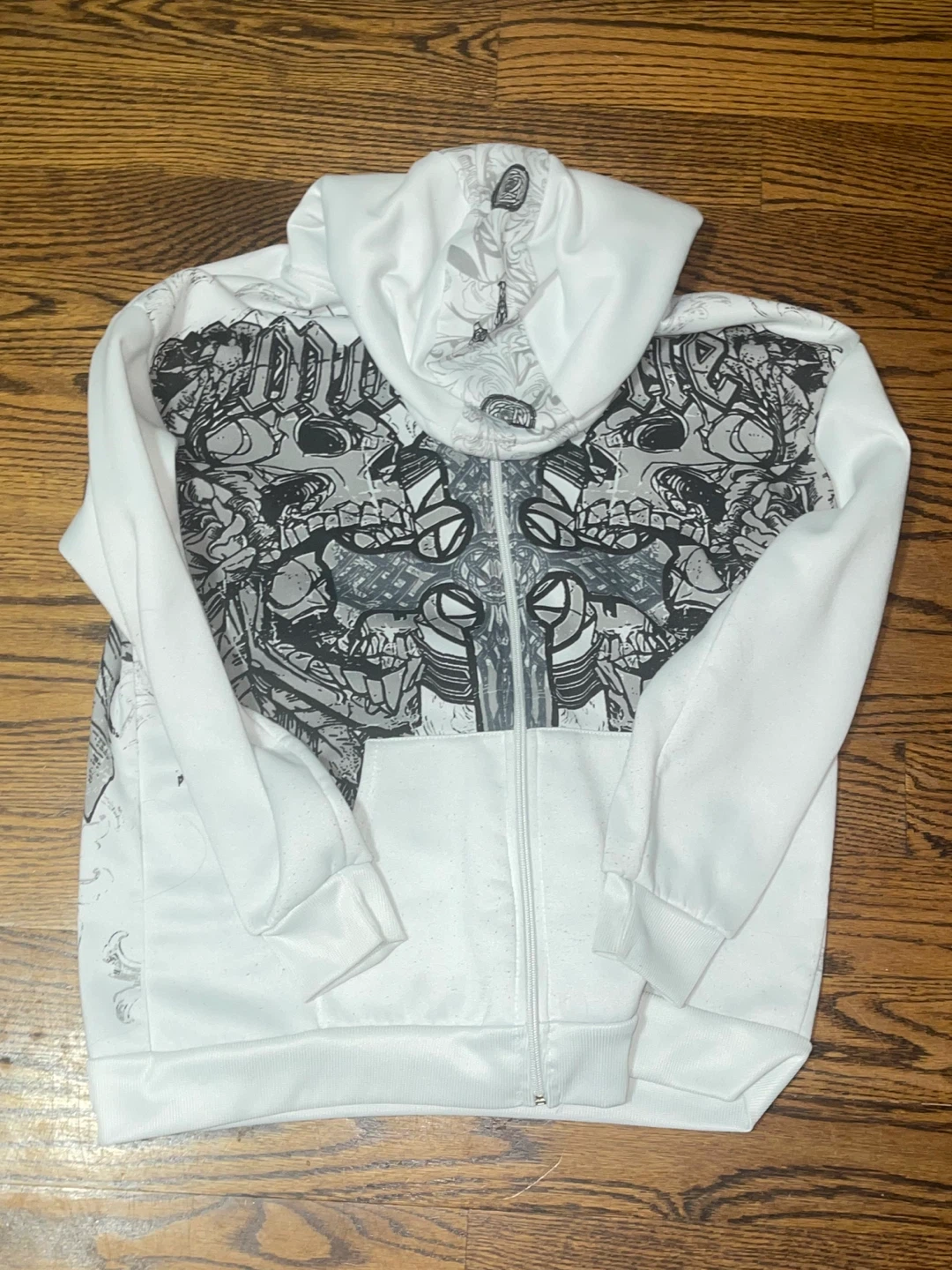 White Zip-Up Hoodie with affliction print