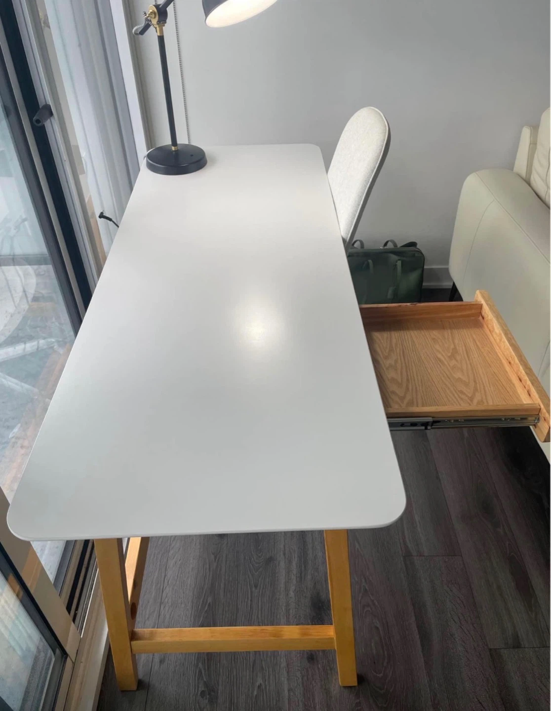 White Desk with Wooden Legs and Drawer - photo 3