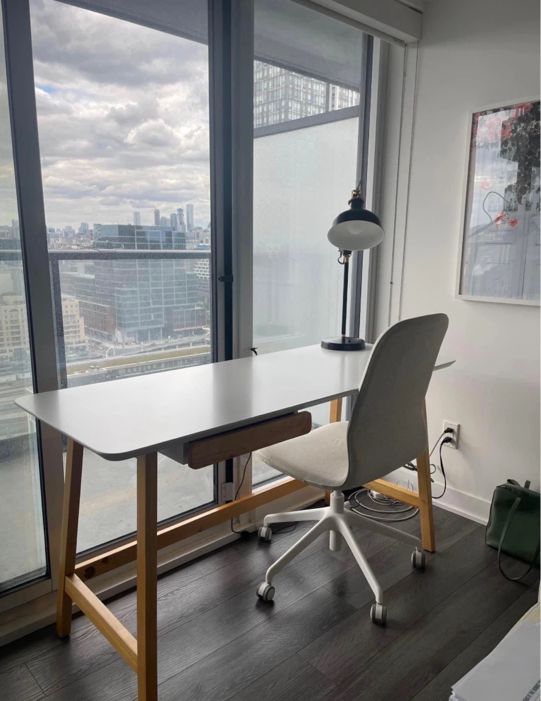 White Desk with Wooden Legs and Drawer