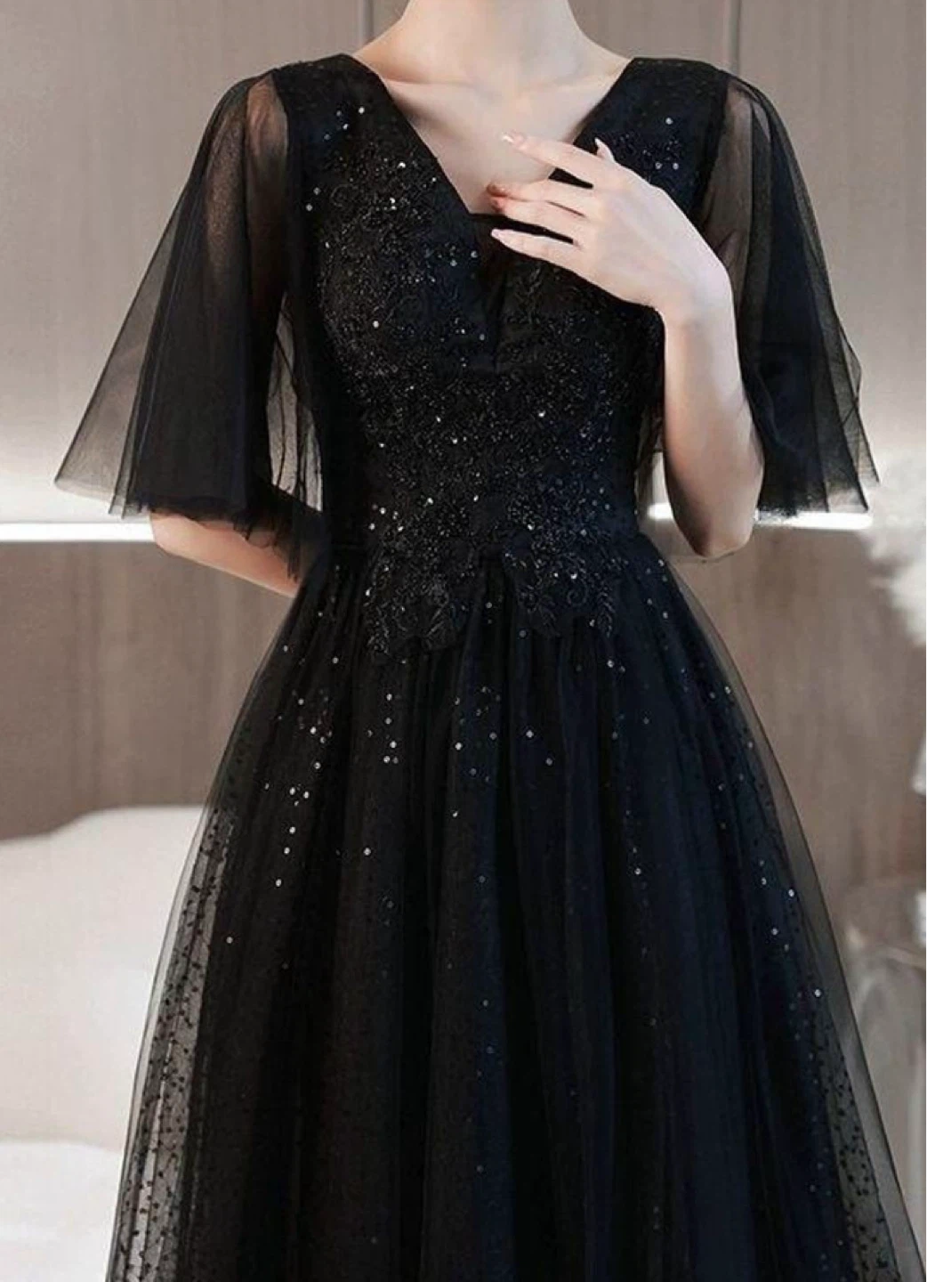 Black Sparkly Tulle Evening Gown with Flutter Sleeves - photo 3