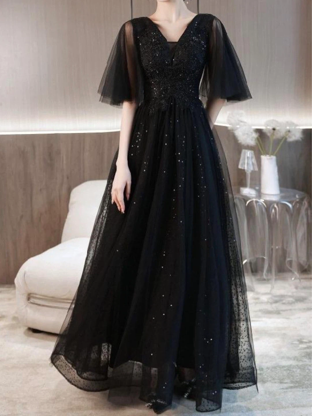 Black Sparkly Tulle Evening Gown with Flutter Sleeves