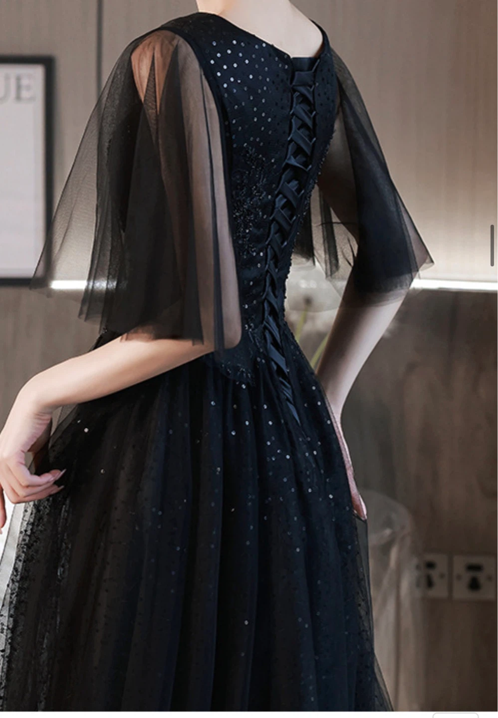 Black Sparkly Tulle Evening Gown with Flutter Sleeves - photo 2