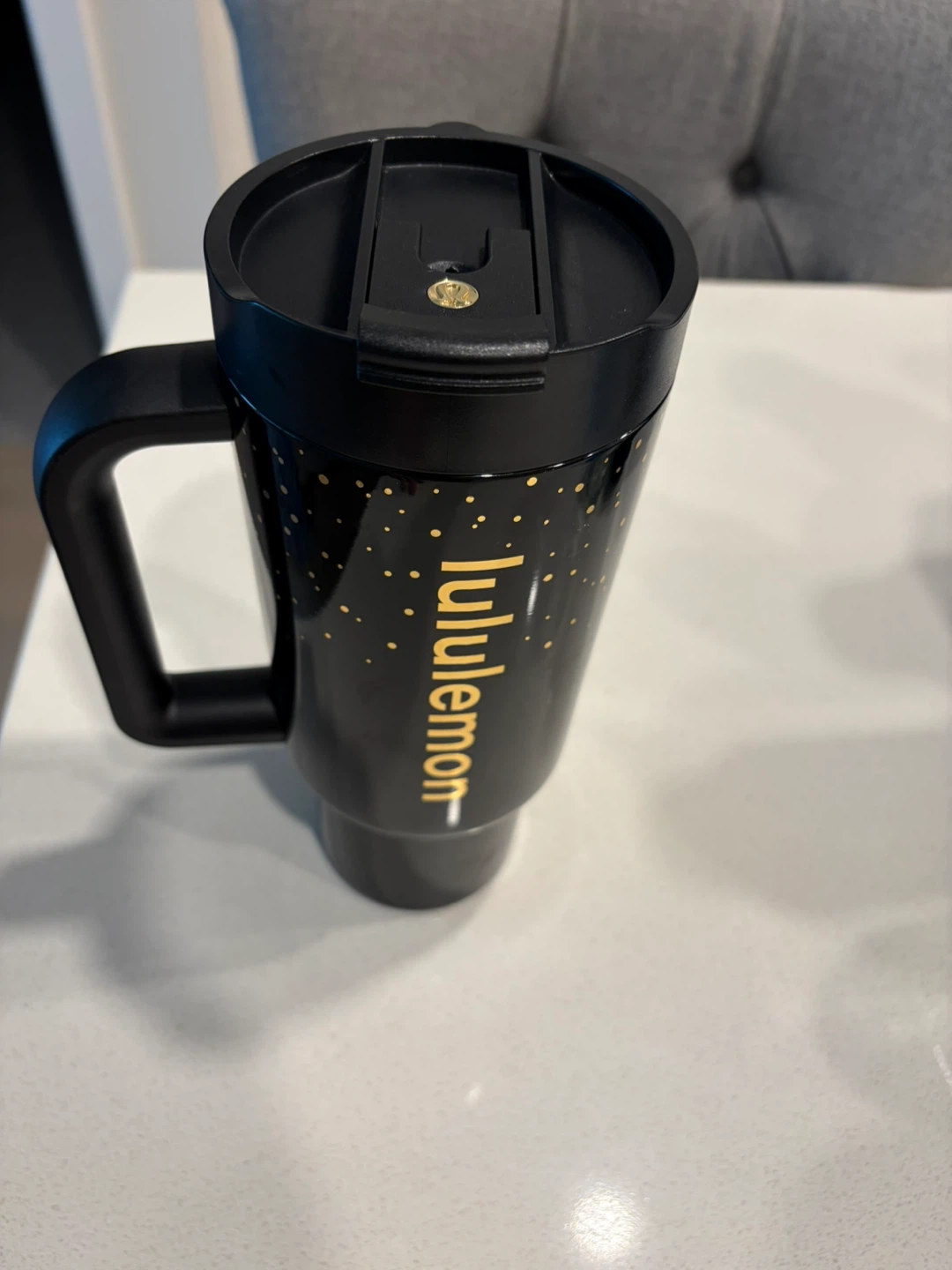 Lululemon Black Travel Mug with Gold Dots