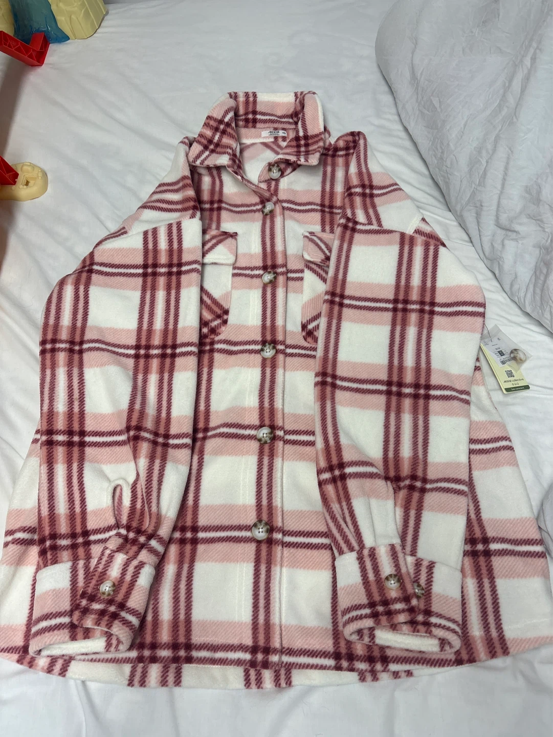 Women's Plaid Fleece Shirt Jacket - Pink/White