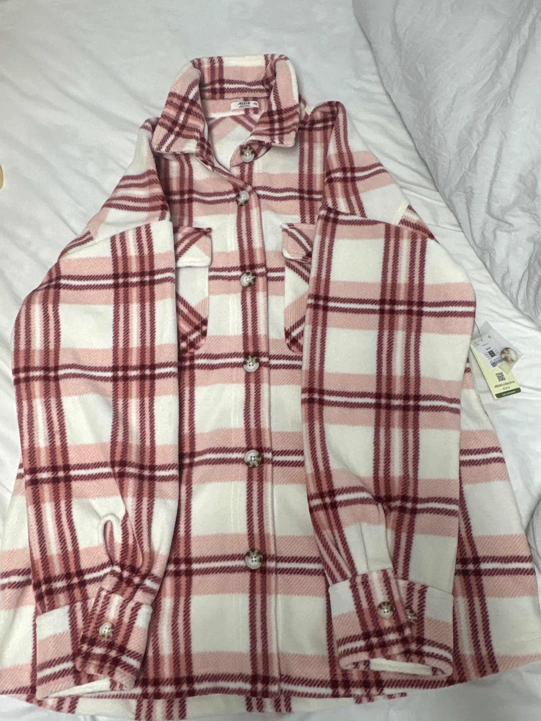 Women's Plaid Fleece Shirt Jacket - Pink/White - photo 2