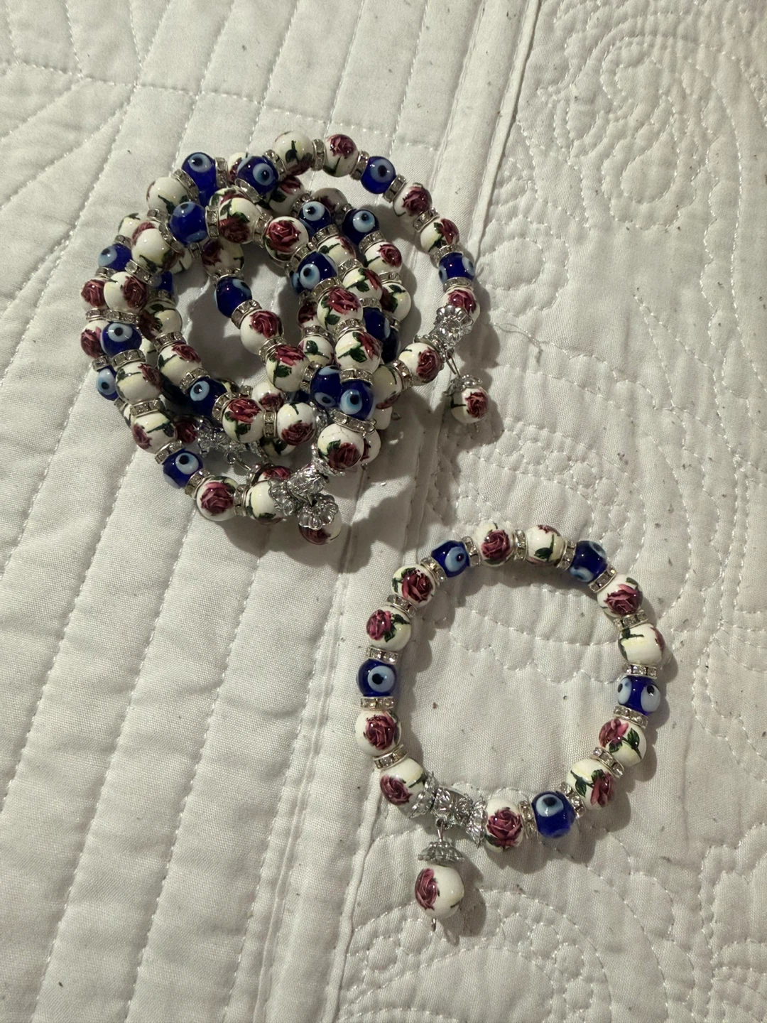 Evil Eye Beaded Bracelets - Blue, Green, White with Roses
