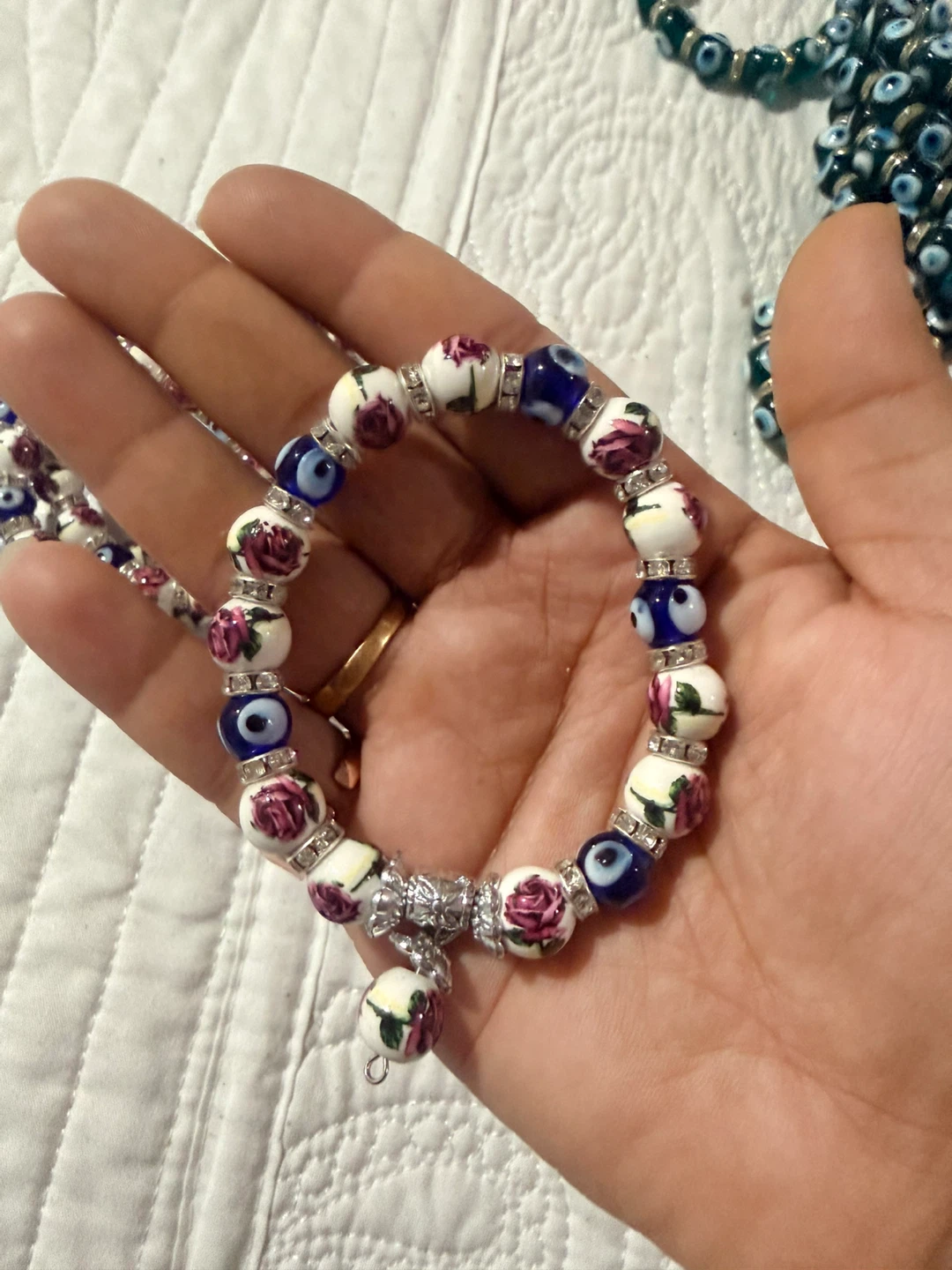 Evil Eye Beaded Bracelets - Blue, Green, White with Roses - photo 2