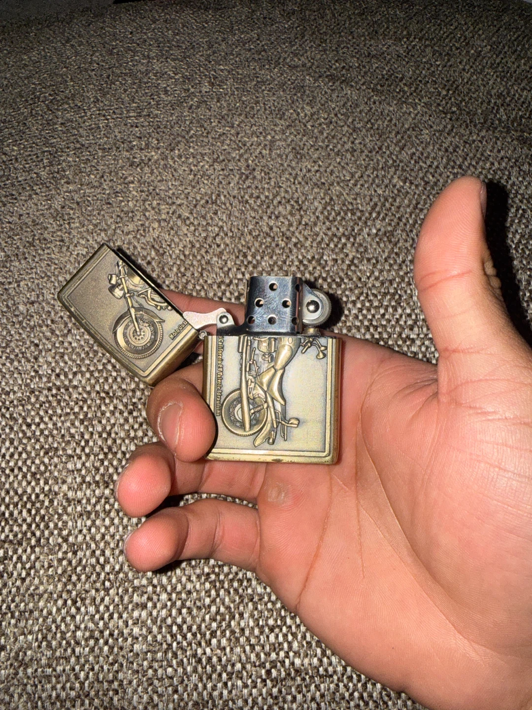 Vintage Brass Zippo Style Lighter with Motorcycle Design - photo 2