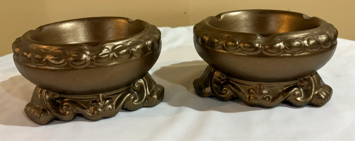 Ceramic Ornate Vintage Style Ashtray Set - Bronze Finish