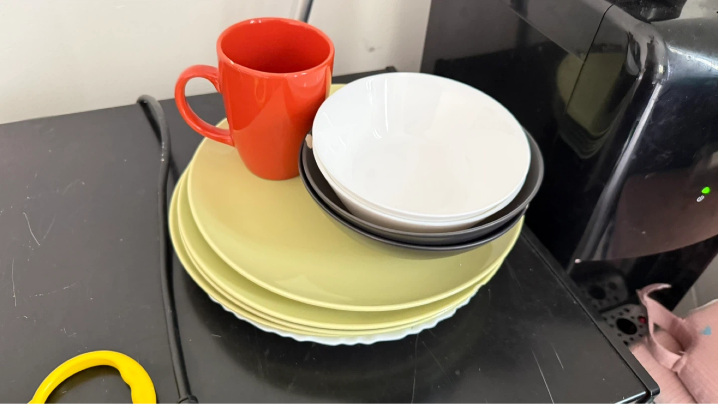 Red Mug, Yellow Plates, White and Black Bowls