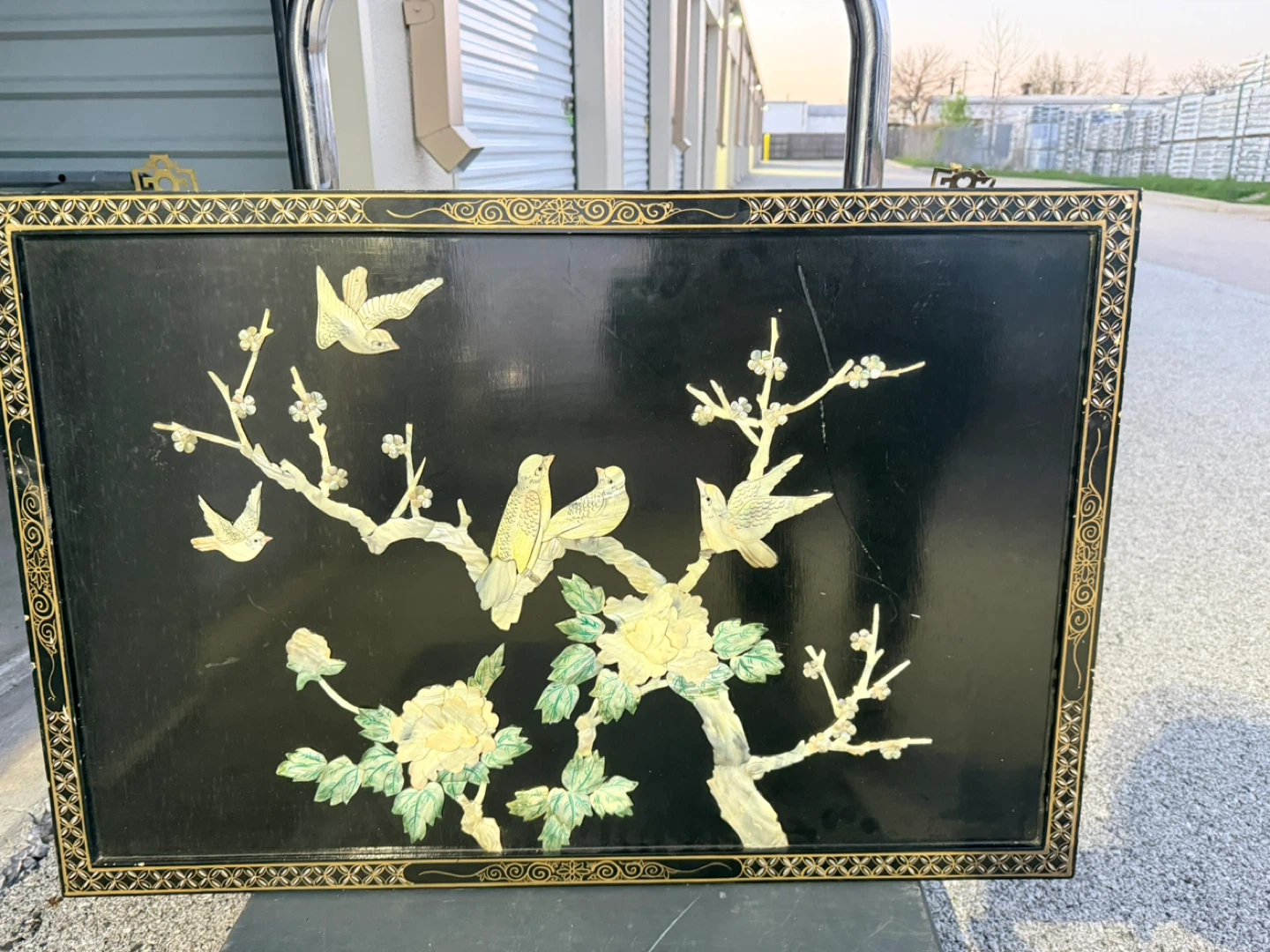 Vintage Lacquer Wall Art Panel with Birds and Flowers