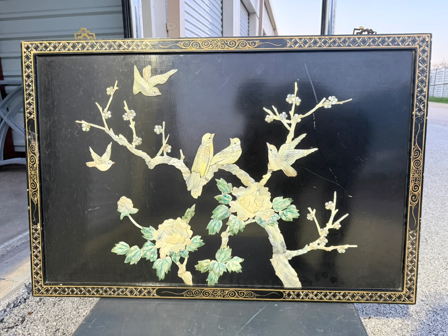 Vintage Lacquer Wall Art Panel with Birds and Flowers - photo 2