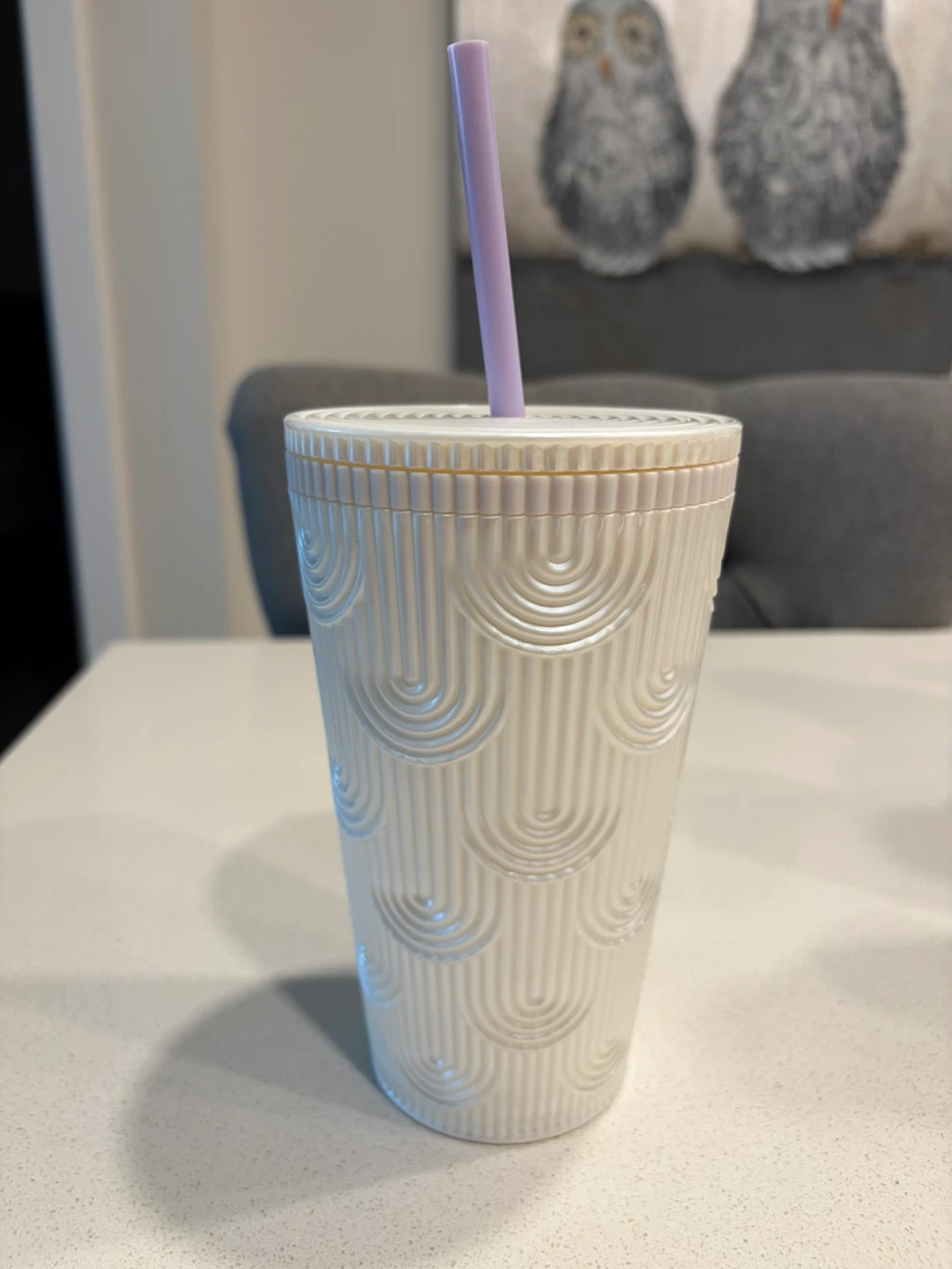 White Embossed Tumbler with Straw