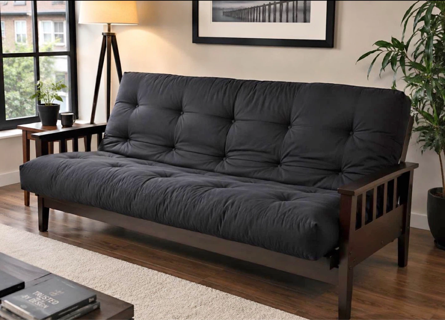 Dark Grey Futon Mattress with Wooden Frame