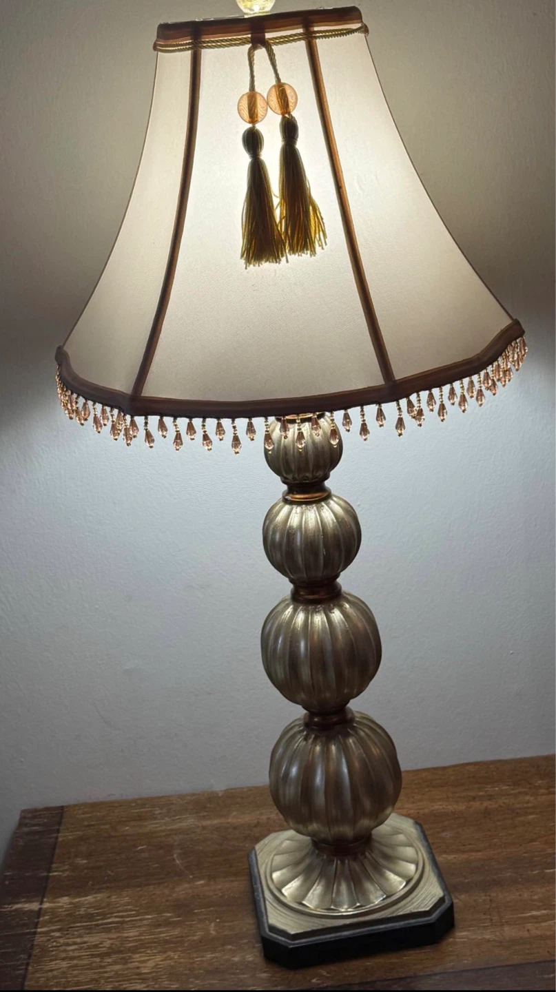 1980s Uttermost Silver and Gold Stacked Ball Table Lamp (1)