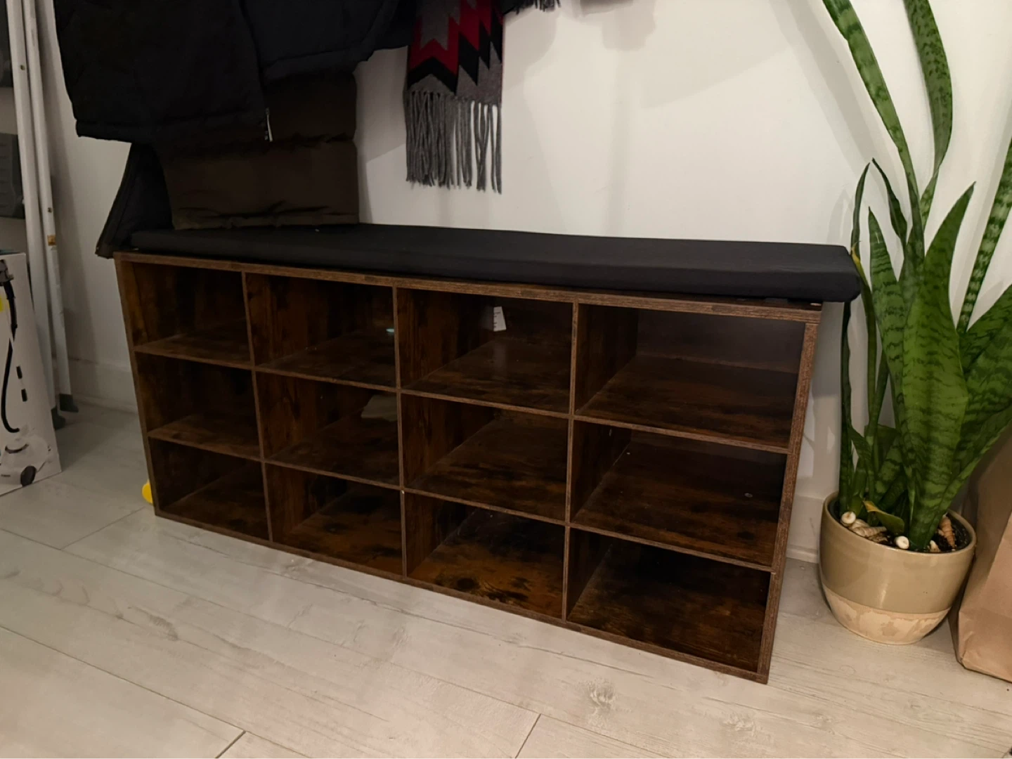Shoe Rack Bench with Storage Cubbies and coat rack with 5 hooks