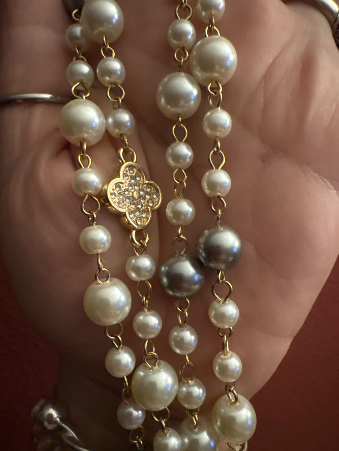 New Gold Tone Pearl Necklace with double sided CZ Clover Charms - photo 3
