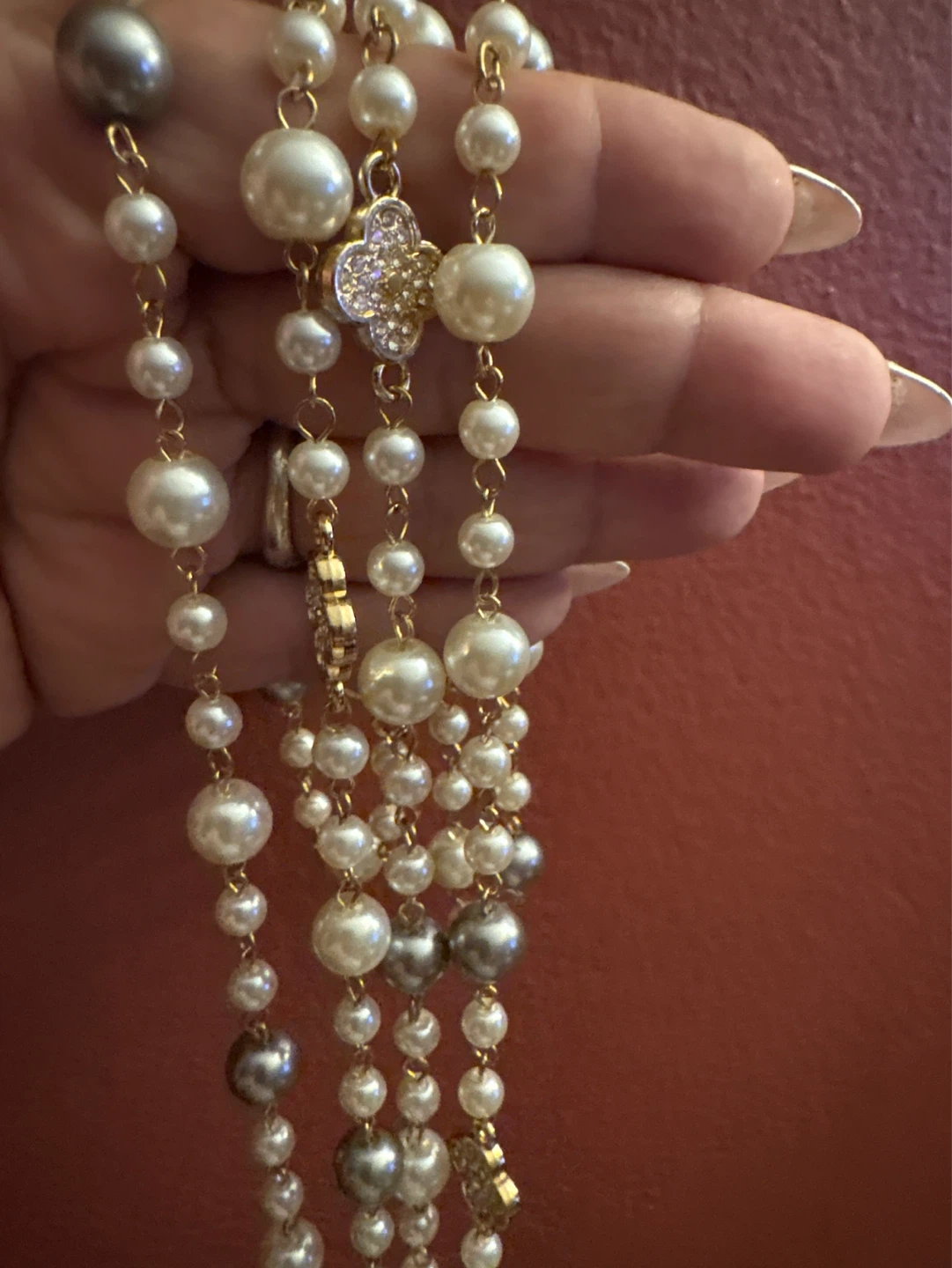 New Gold Tone Pearl Necklace with double sided CZ Clover Charms
