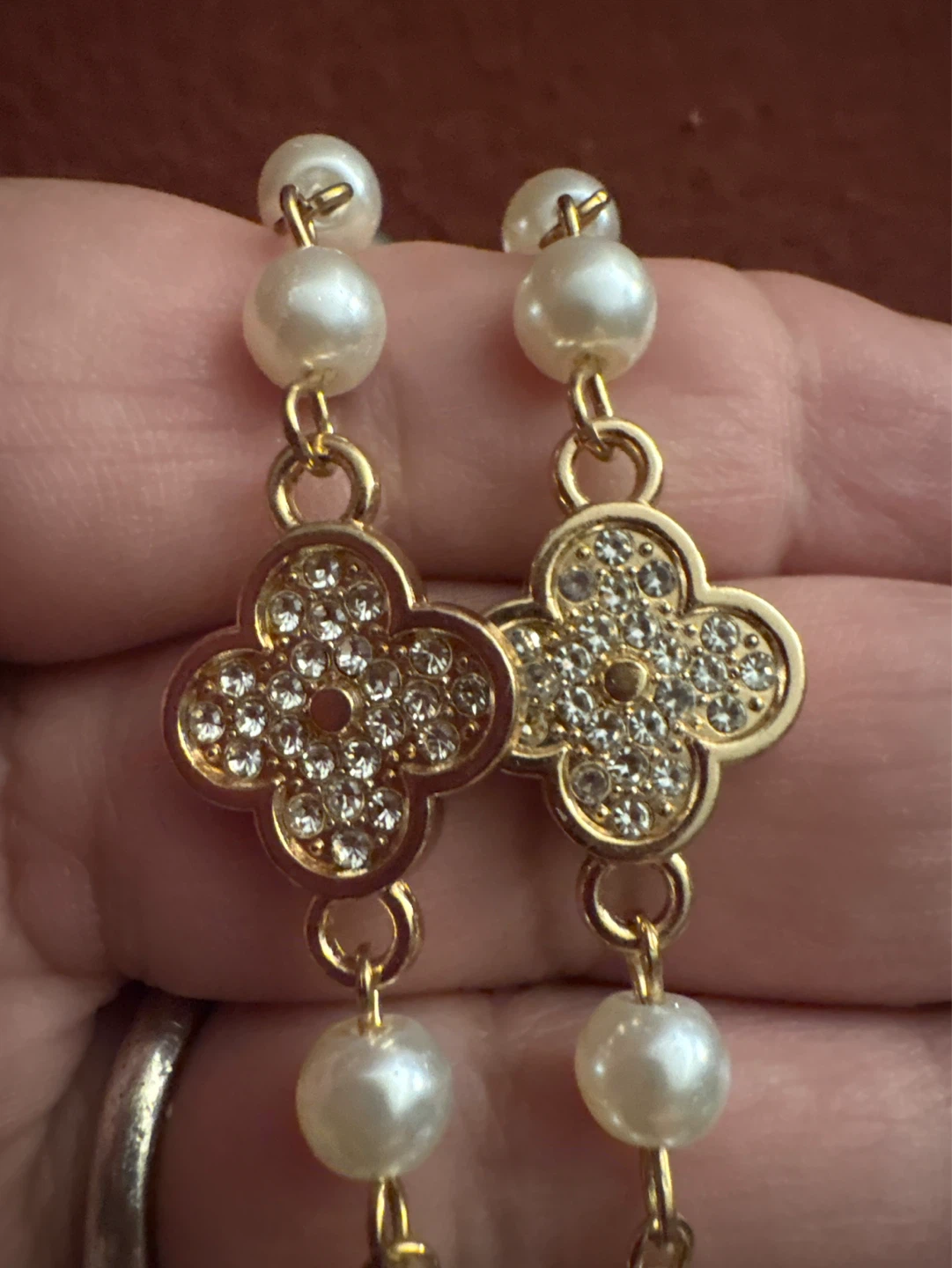 New Gold Tone Pearl Necklace with double sided CZ Clover Charms - photo 2