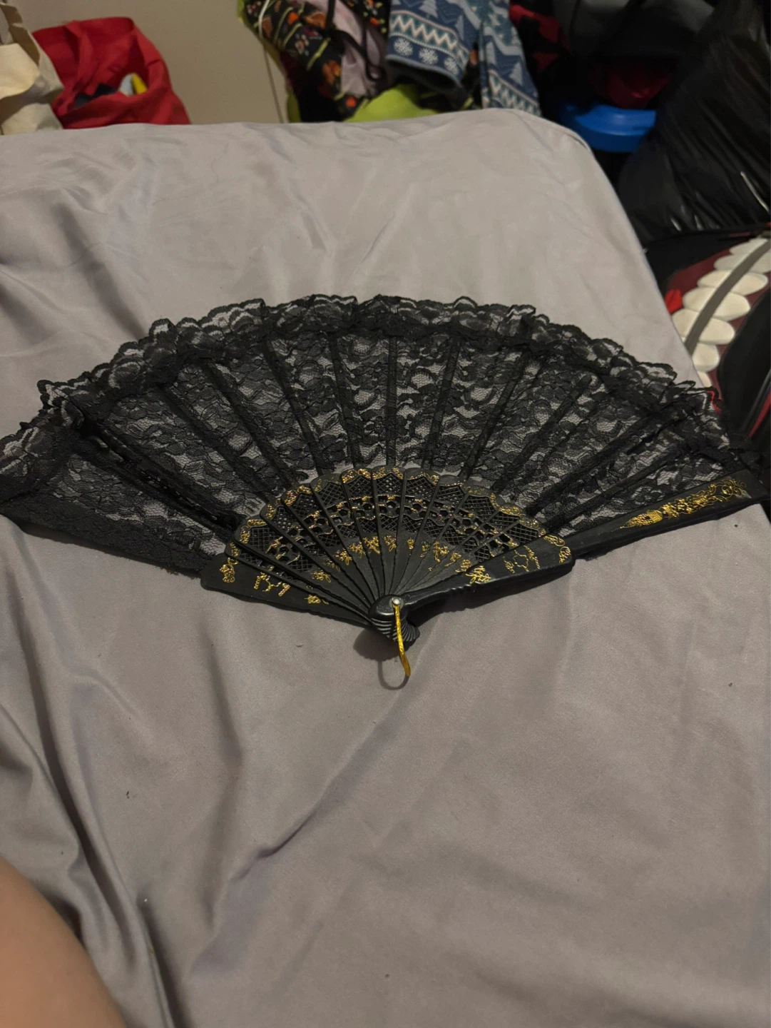 Black Lace Fan with Gold Accents