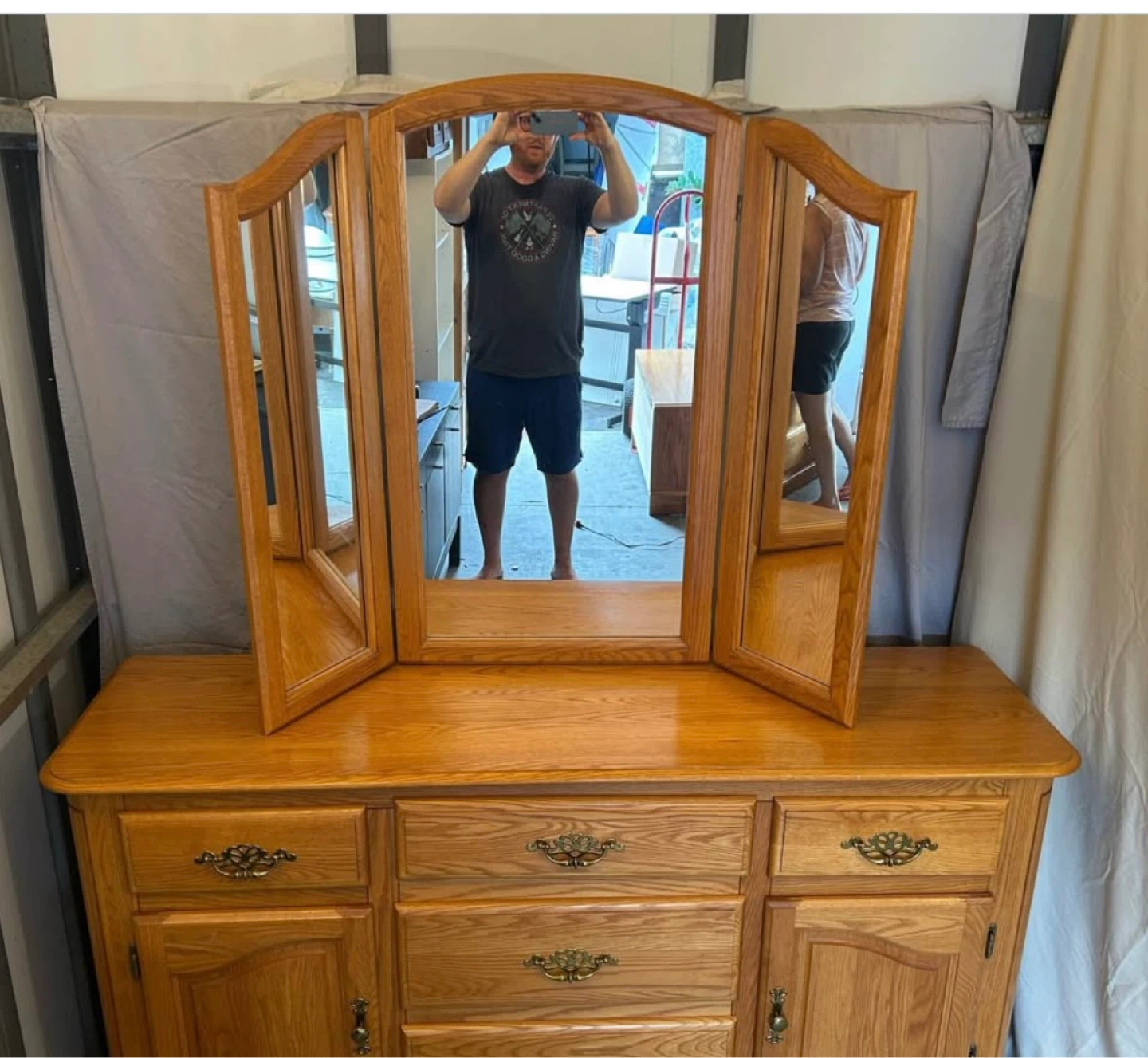 Oak Dresser with Tri-fold Mirror