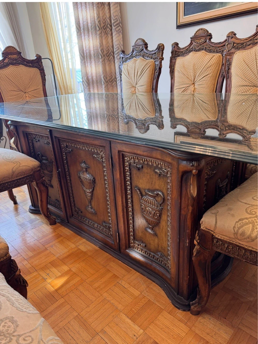 Dining Chairs Set - Ornate Wood and Upholstered