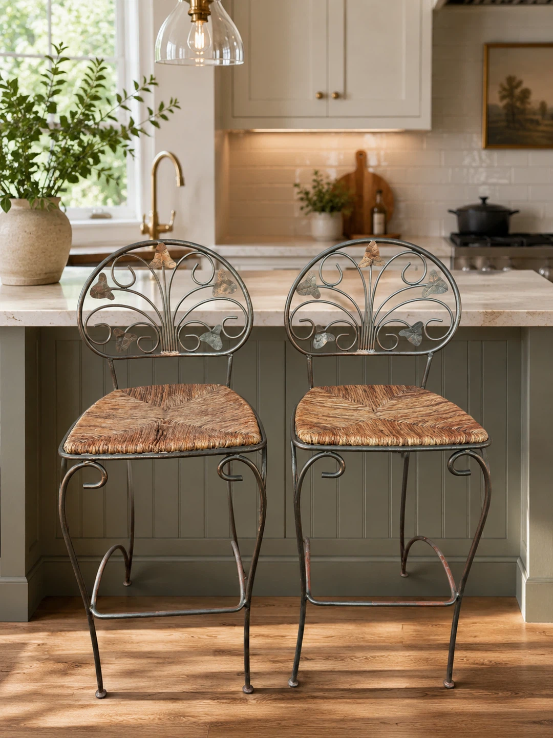 VTG MCM Iron Bar Stools w/natural woven seats