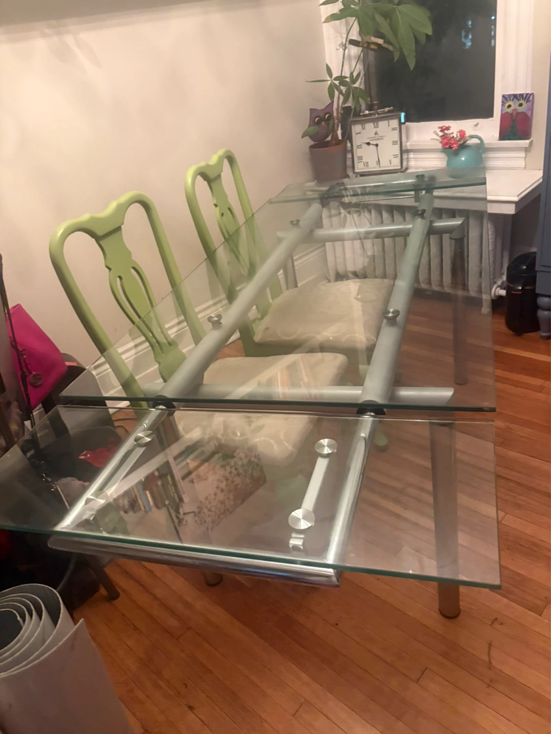 Glass Top Dining Table with 4 Green Chairs