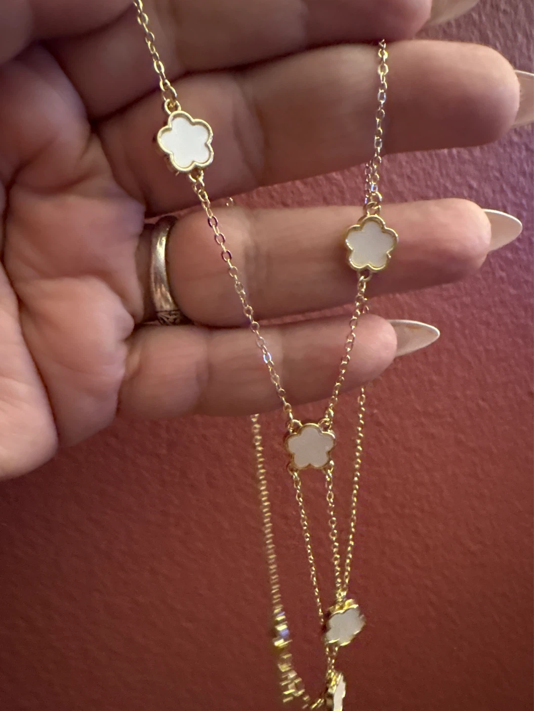 New Gold tone necklace with white clover charms - photo 2