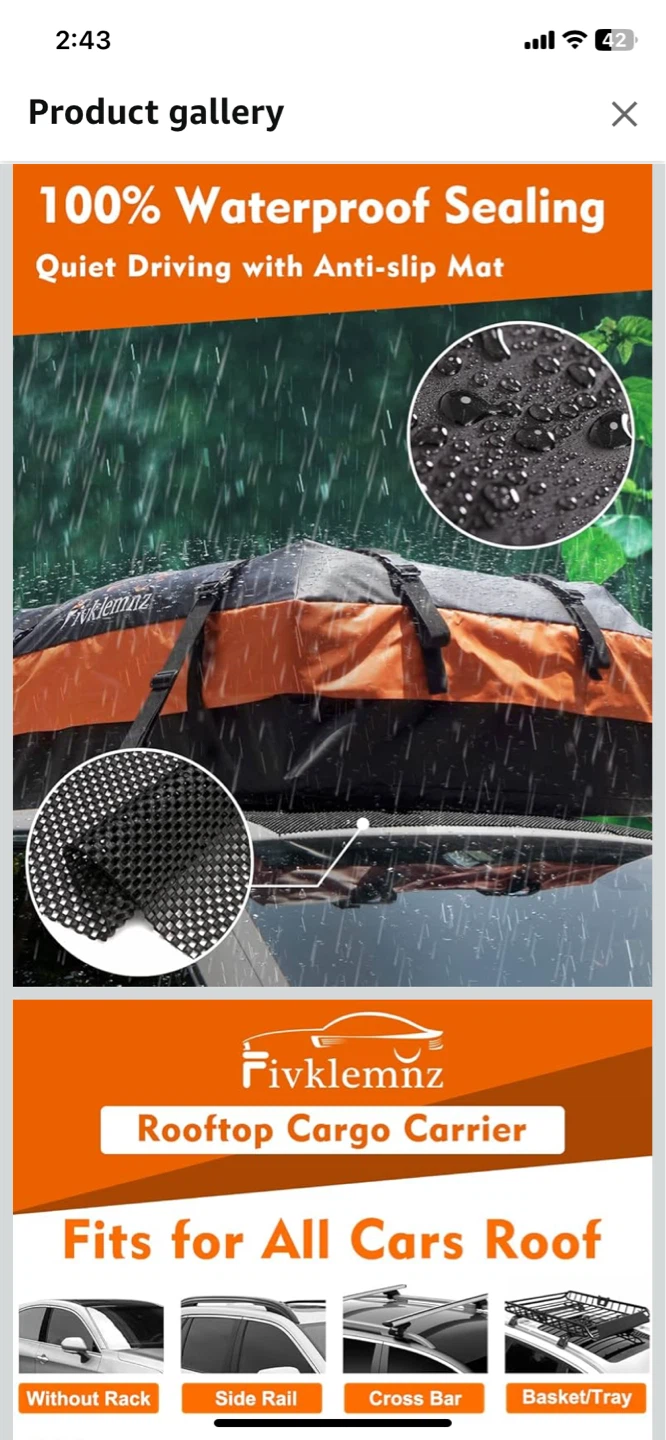 Fivklemmnz 15 Cubic Feet Waterproof Rooftop Cargo Carrier - photo 2