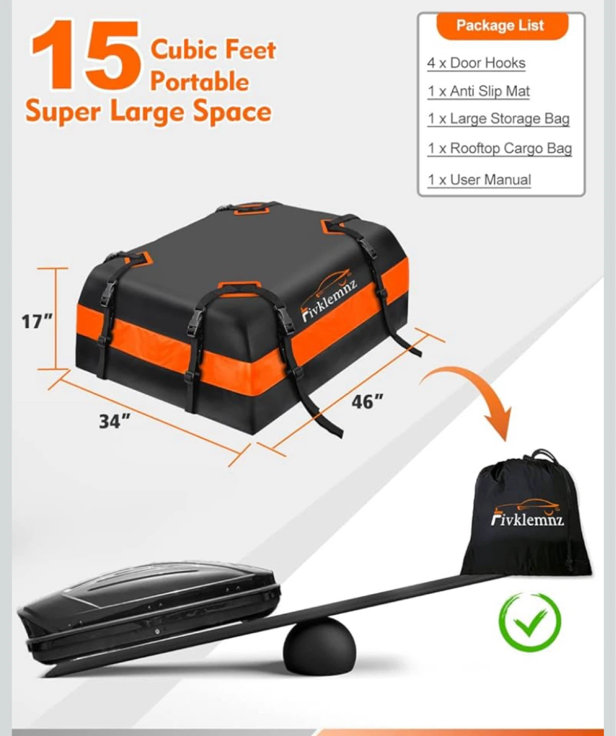 Fivklemmnz 15 Cubic Feet Waterproof Rooftop Cargo Carrier - photo 3