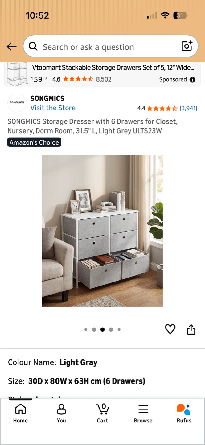 SONGMICS 6-Drawer Storage Dresser - Light Grey - photo 2