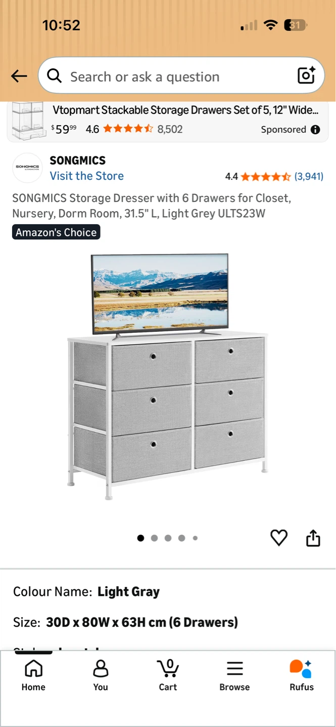 SONGMICS 6-Drawer Storage Dresser - Light Grey